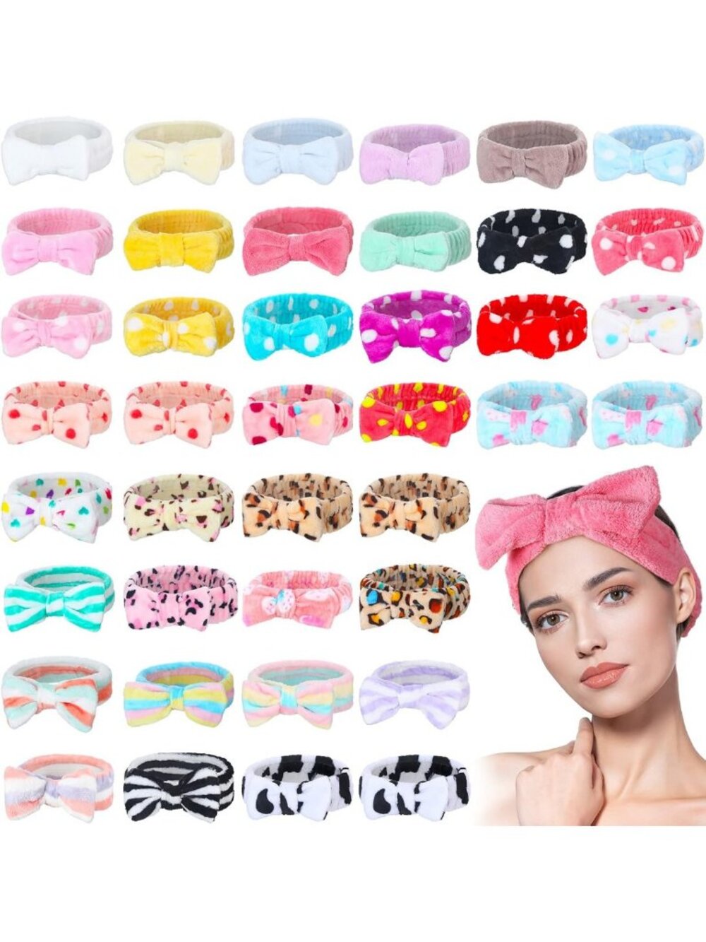 Cozy Spa Makeup Headbands - 40 Pack Coral Fleece Bow Knot, Stylish & Soft